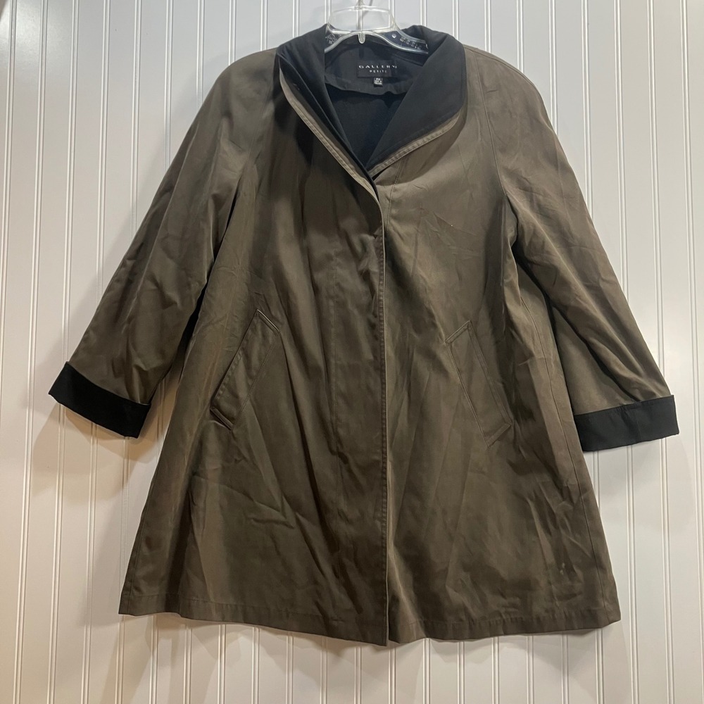 Gallery Petite Trench Coat Olive Brown Black Contrast Trim Zip Out‎ Liner PM EUC